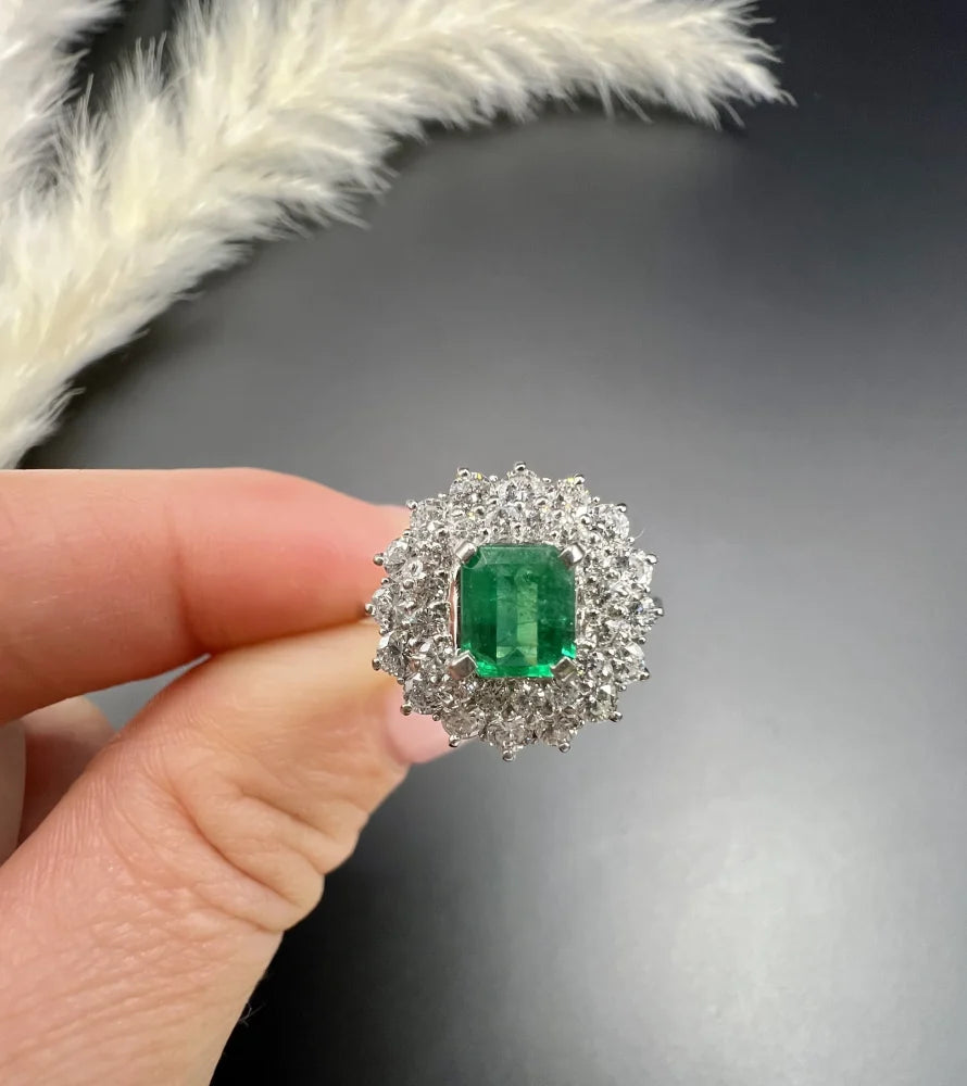 Vintage Emerald and Diamond Double Cluster Ring