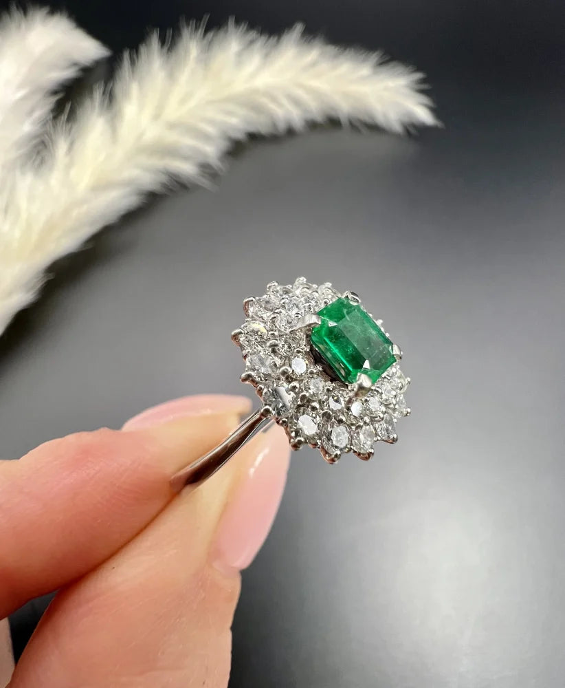Vintage Emerald and Diamond Double Cluster Ring