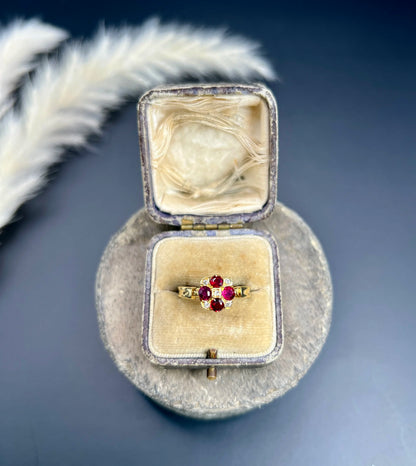 Vintage 18 Carat Gold Ruby and Diamond Chequerboard Ring, Hallmarked London 1971
