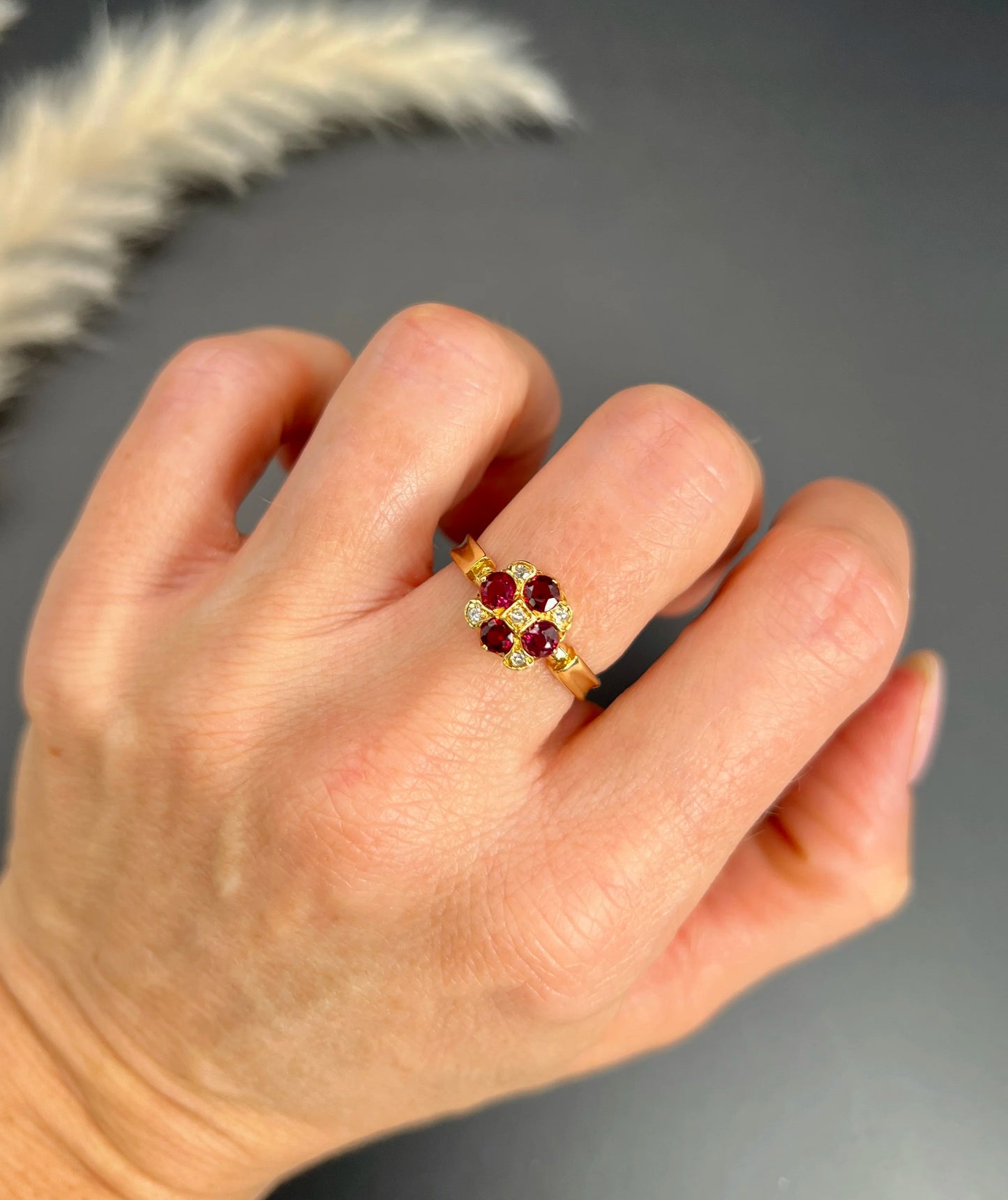 Vintage 18 Carat Gold Ruby and Diamond Chequerboard Ring, Hallmarked London 1971