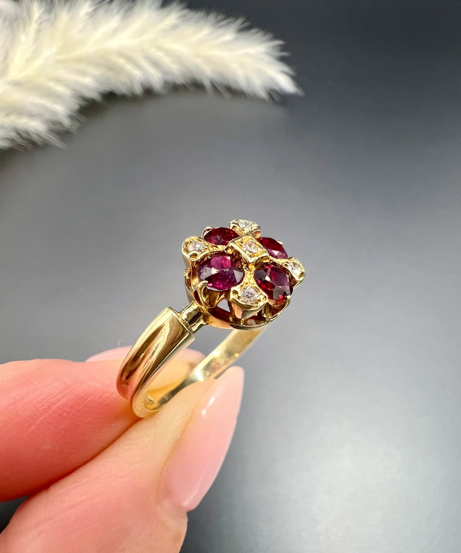 Vintage 18 Carat Gold Ruby and Diamond Chequerboard Ring, Hallmarked London 1971