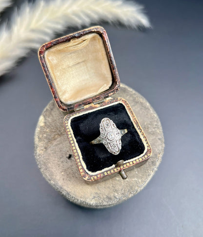 Antique 18 ct Gold And Platinum, Edwardian Diamond Upfinger Oval Shaped Ring