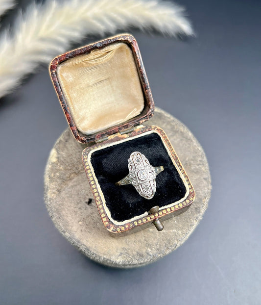 Antique 18 ct Gold And Platinum, Edwardian Diamond Upfinger Oval Shaped Ring
