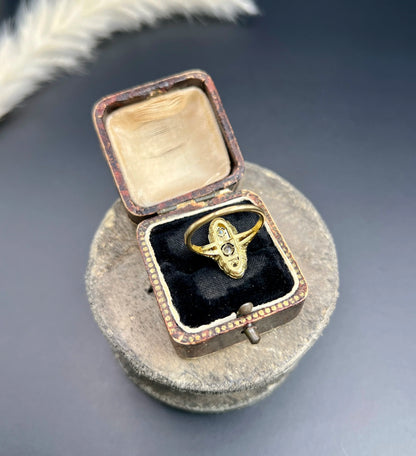 Antique 18 ct Gold And Platinum, Edwardian Diamond Upfinger Oval Shaped Ring