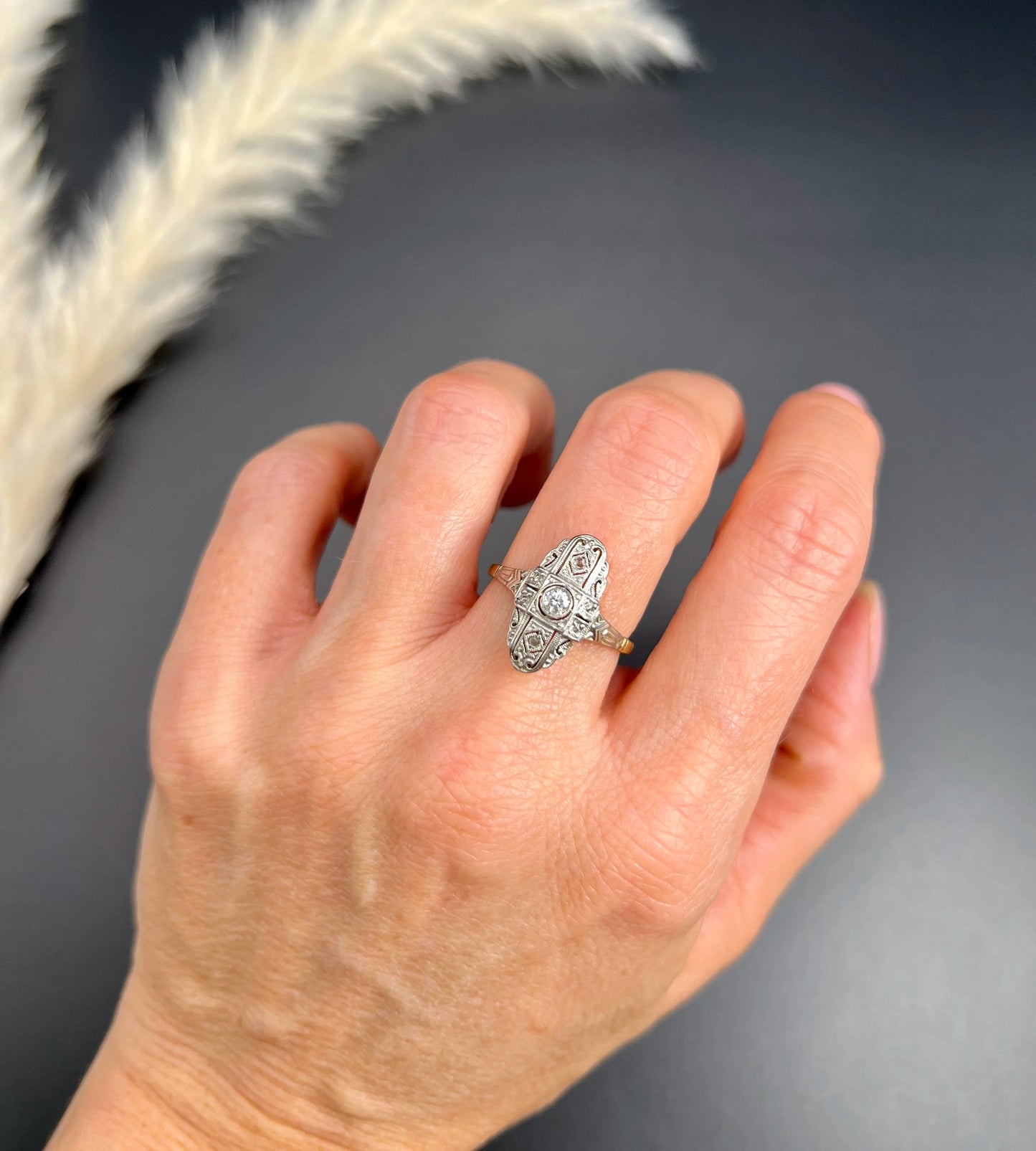 Antique 18 ct Gold And Platinum, Edwardian Diamond Upfinger Oval Shaped Ring