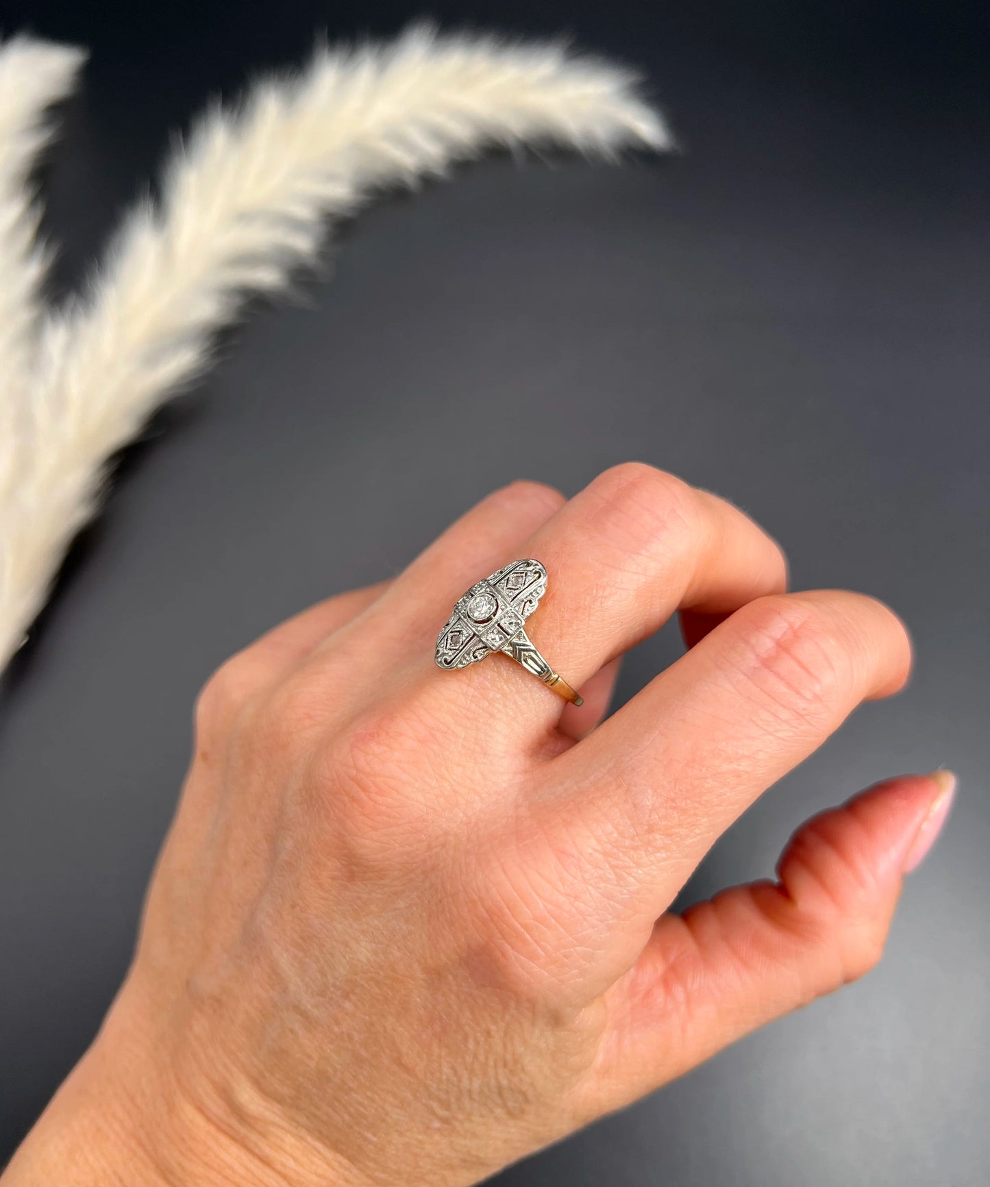 Antique 18 ct Gold And Platinum, Edwardian Diamond Upfinger Oval Shaped Ring