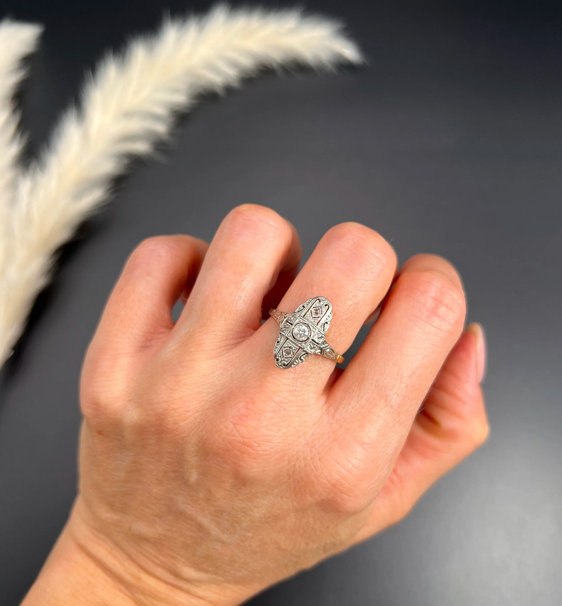 Antique 18 ct Gold And Platinum, Edwardian Diamond Upfinger Oval Shaped Ring