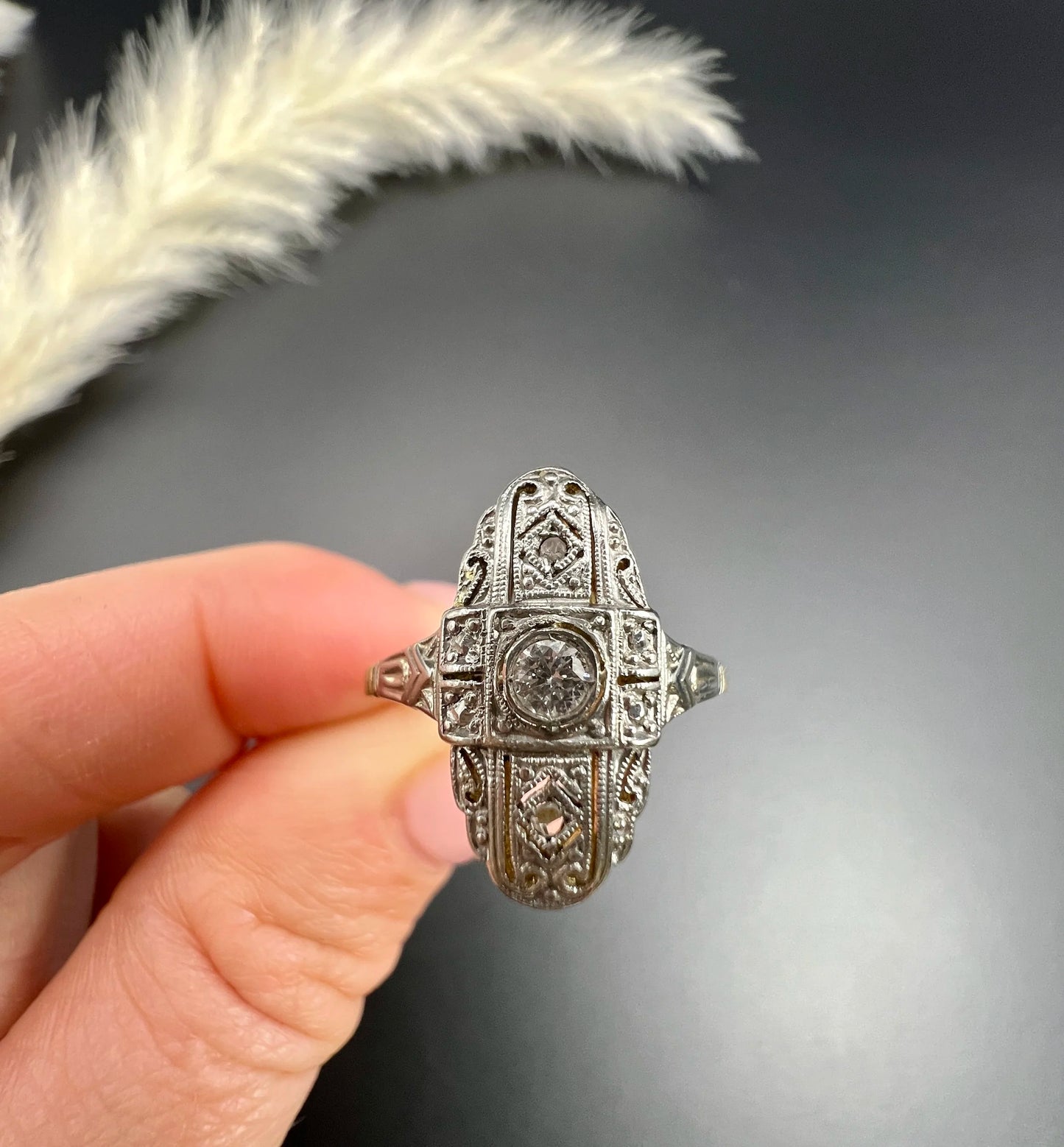 Antique 18 ct Gold And Platinum, Edwardian Diamond Upfinger Oval Shaped Ring
