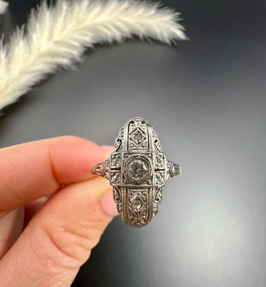 Antique 18 ct Gold And Platinum, Edwardian Diamond Upfinger Oval Shaped Ring
