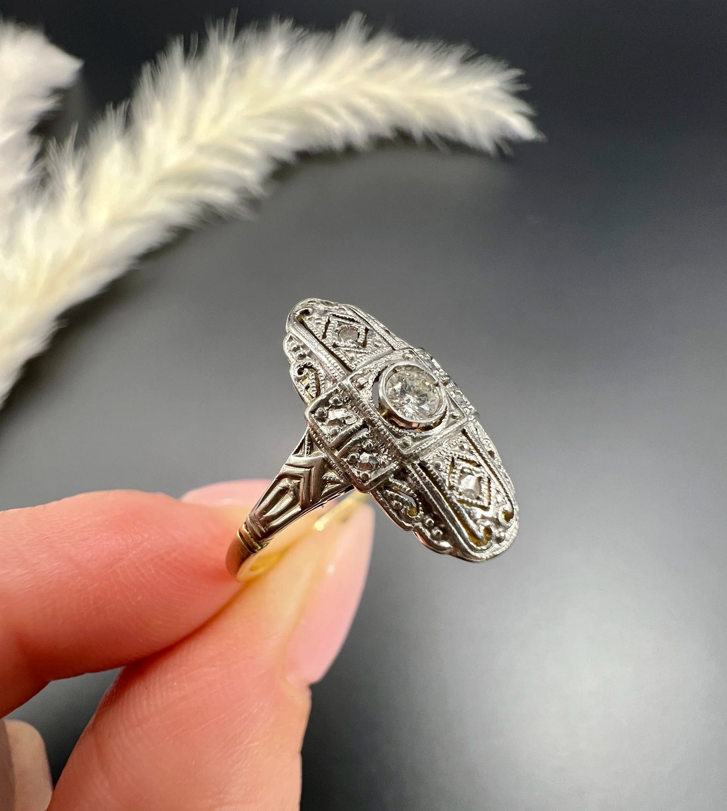 Antique 18 ct Gold And Platinum, Edwardian Diamond Upfinger Oval Shaped Ring