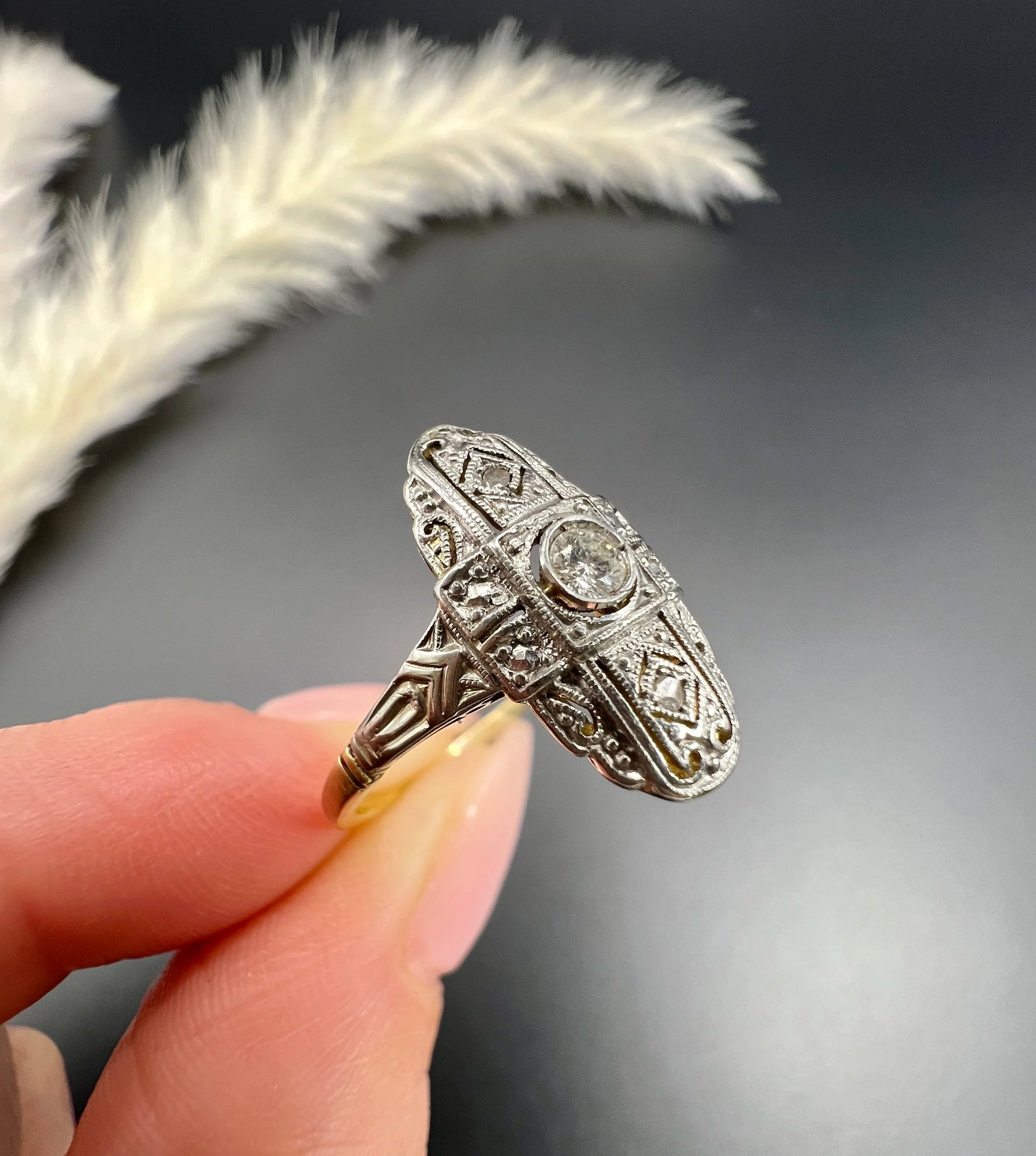 Antique 18 ct Gold And Platinum, Edwardian Diamond Upfinger Oval Shaped Ring