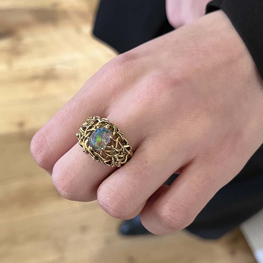 Vintage Ornate 18ct Yellow Gold and Black Opal Dress Ring