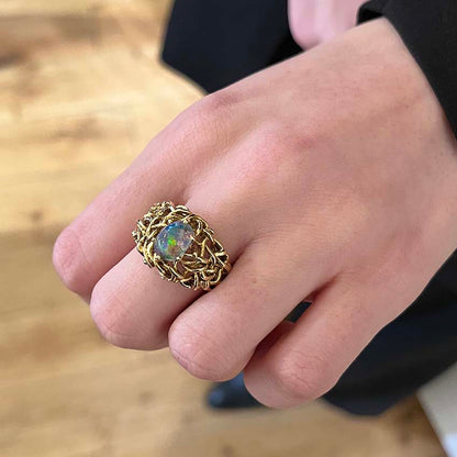 Vintage Ornate 18ct Yellow Gold and Black Opal Dress Ring