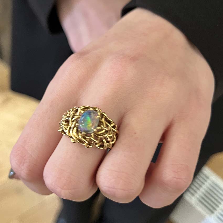 Vintage Ornate 18ct Yellow Gold and Black Opal Dress Ring