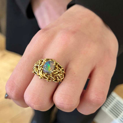 Vintage Ornate 18ct Yellow Gold and Black Opal Dress Ring