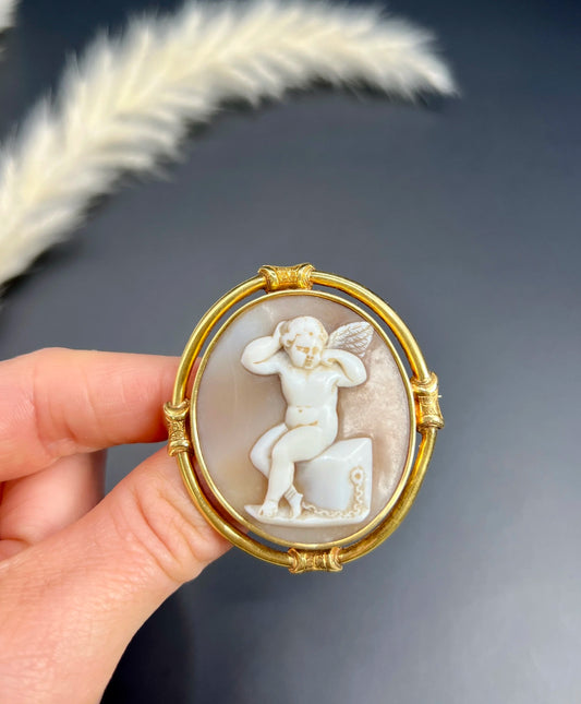 Antique 15ct Gold, Early Victorian Cherub Shell Cameo Portrait Brooch