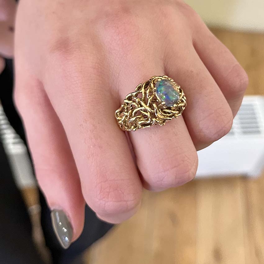 Vintage Ornate 18ct Yellow Gold and Black Opal Dress Ring