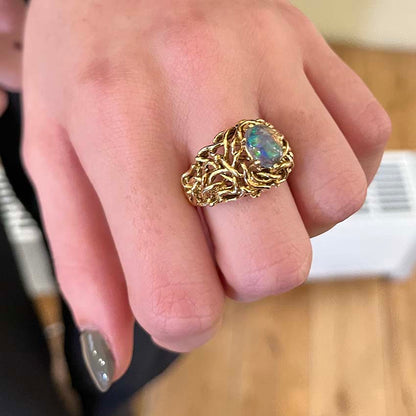 Vintage Ornate 18ct Yellow Gold and Black Opal Dress Ring