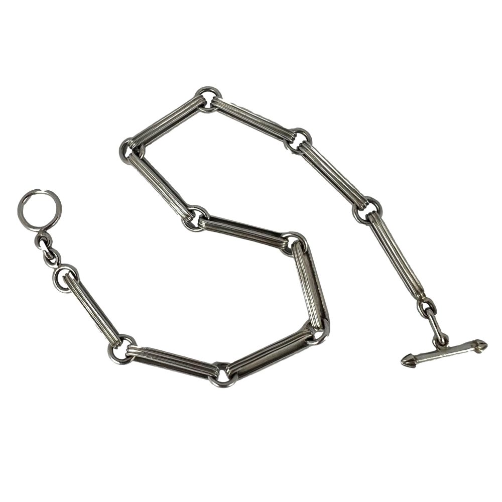 Art Deco Platinum Fancy Link Chain Bracelet with ridged elongated links connected by circular rings