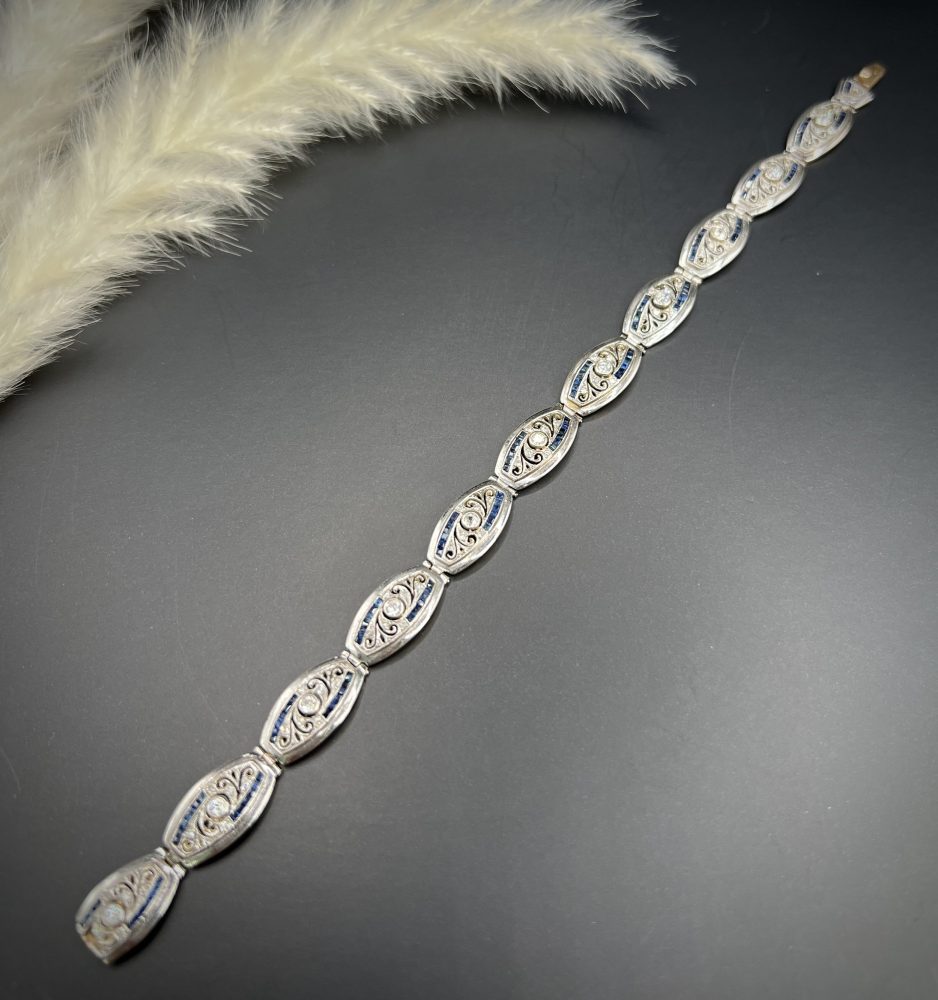 Edwardian Antique Old Cut Diamond and Sapphire Oval Fancy Link Bracelet