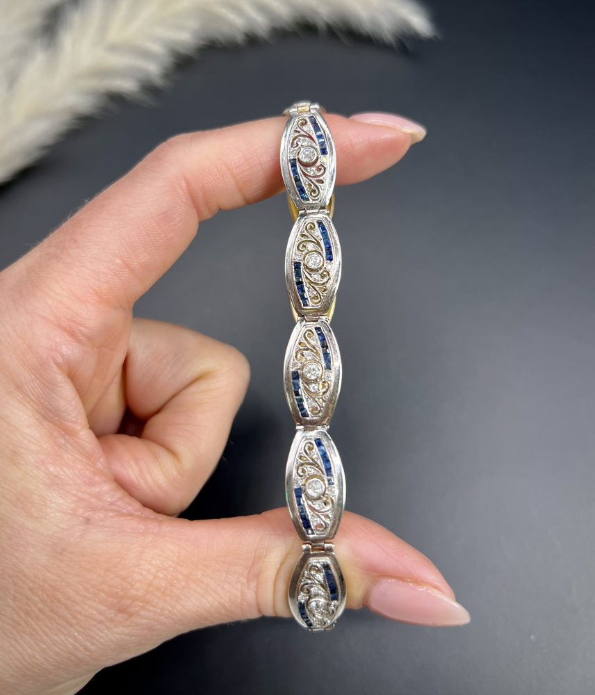 Edwardian Antique Old Cut Diamond and Sapphire Oval Fancy Link Bracelet, Each link set with old cut diamonds accented with calibre sapphire edges in platinum to 18ct yellow gold