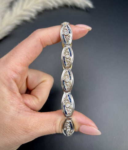Edwardian Antique Old Cut Diamond and Sapphire Oval Fancy Link Bracelet