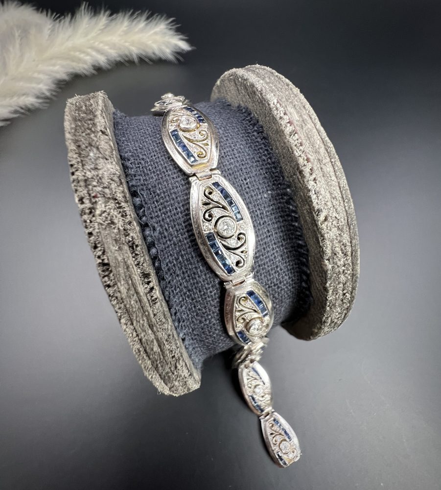 Edwardian Antique Old Cut Diamond and Sapphire Oval Fancy Link Bracelet