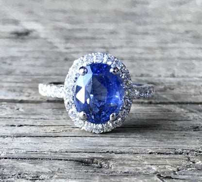 Sapphire and diamond halo ring