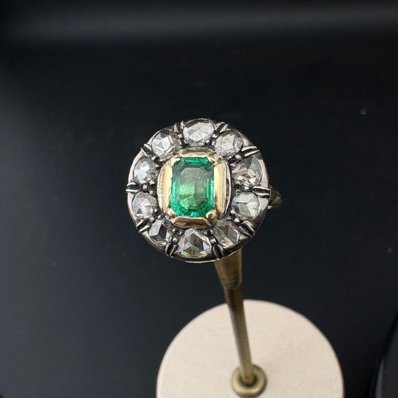 Georgian Antique Colombian Emerald and Rose Cut Diamond Cluster Engagement Ring