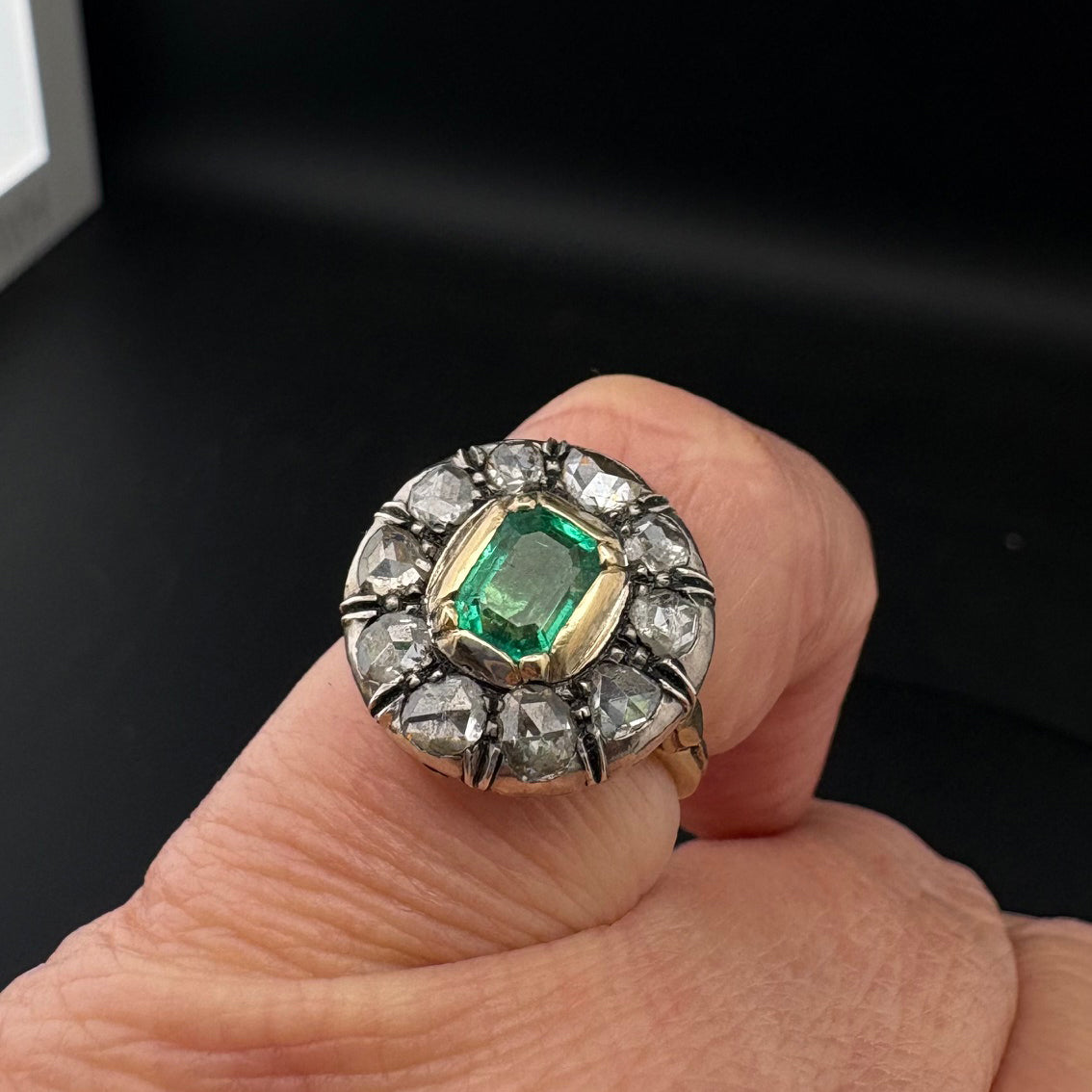 Georgian Antique Colombian Emerald and Rose Cut Diamond Cluster Engagement Ring