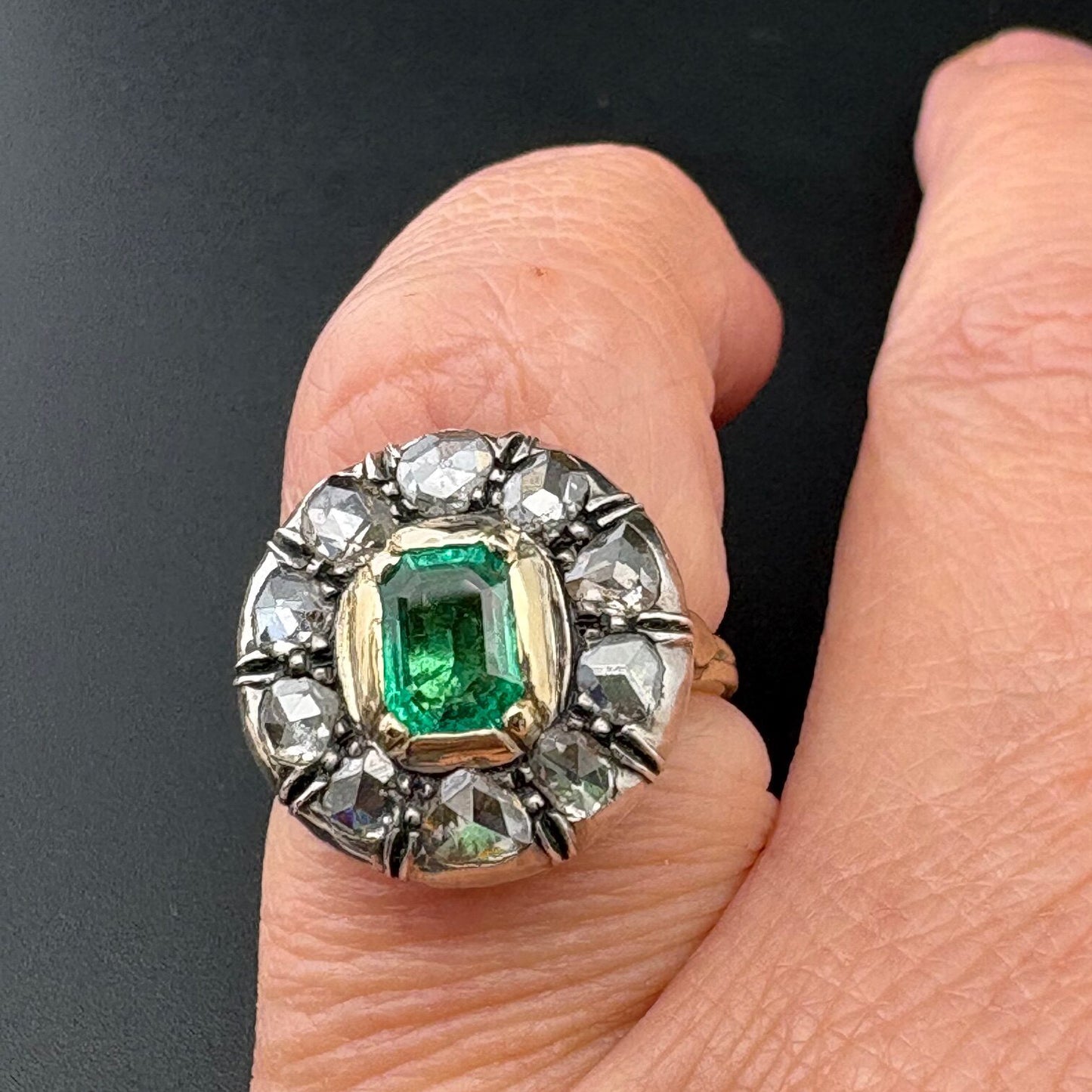 Georgian Antique Colombian Emerald and Rose Cut Diamond Cluster Engagement Ring