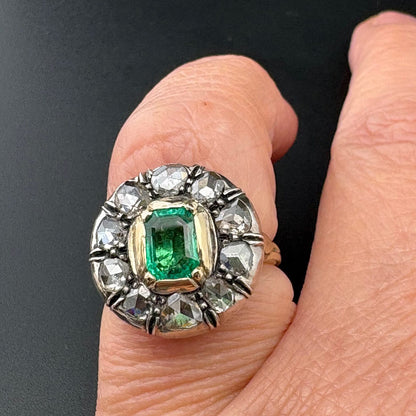 Georgian Antique Colombian Emerald and Rose Cut Diamond Cluster Engagement Ring
