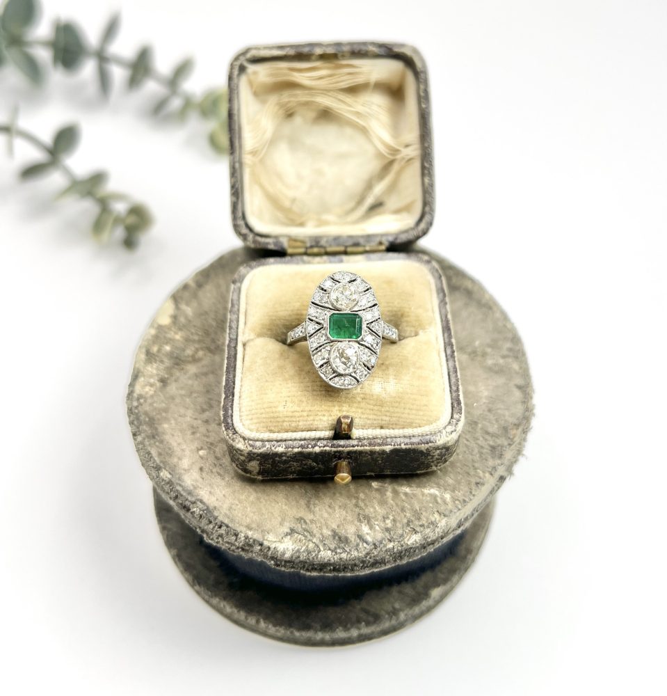 Platinum, Art Deco Style, Emerald and Diamond Oval Shield Shaped Ring