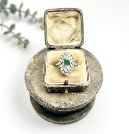 Platinum, Art Deco Style, Emerald and Diamond Oval Shield Shaped Ring