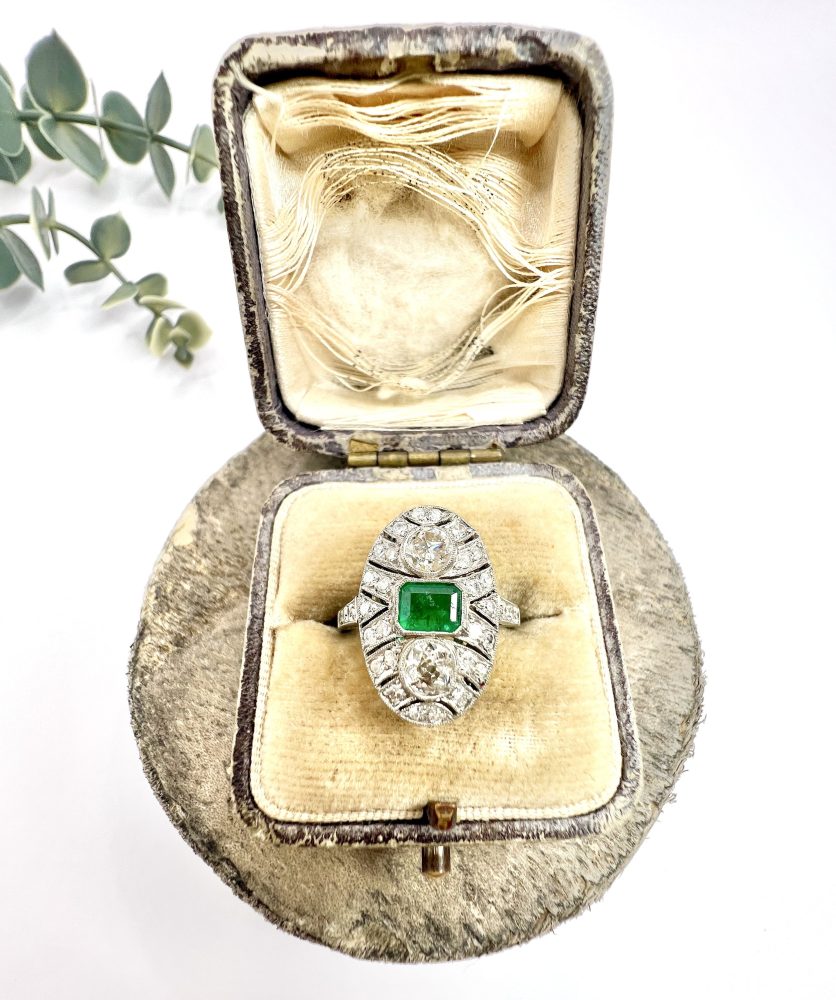 Platinum, Art Deco Style, Emerald and Diamond Oval Shield Shaped Ring
