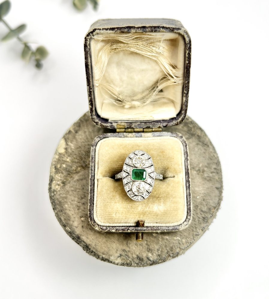 Platinum, Art Deco Style, Emerald and Diamond Oval Shield Shaped Ring