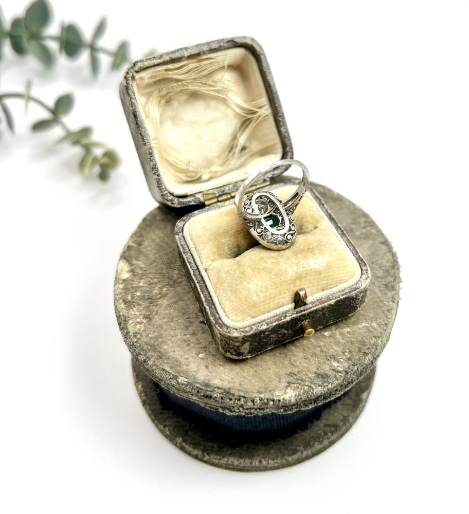 Platinum, Art Deco Style, Emerald and Diamond Oval Shield Shaped Ring