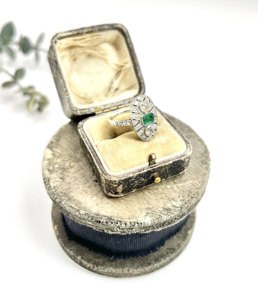 Platinum, Art Deco Style, Emerald and Diamond Oval Shield Shaped Ring