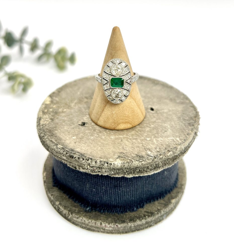 Platinum, Art Deco Style, Emerald and Diamond Oval Shield Shaped Ring