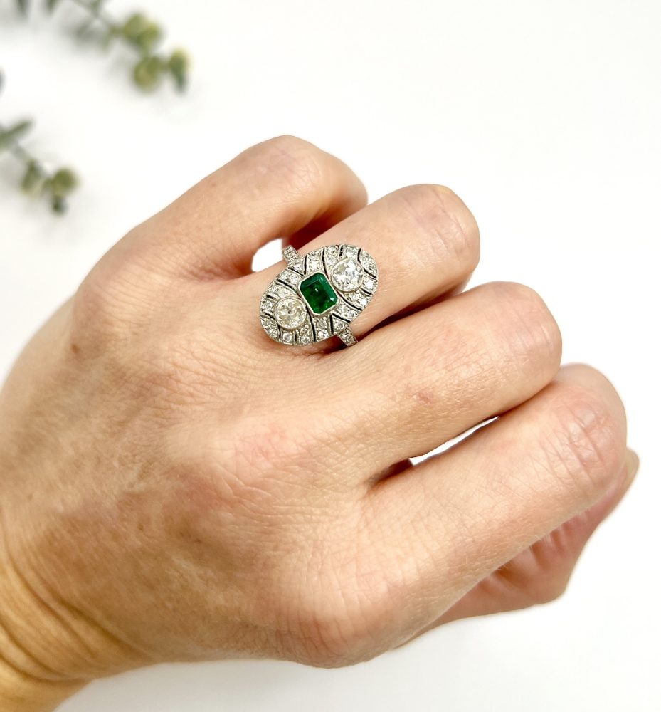 Platinum, Art Deco Style, Emerald and Diamond Oval Shield Shaped Ring