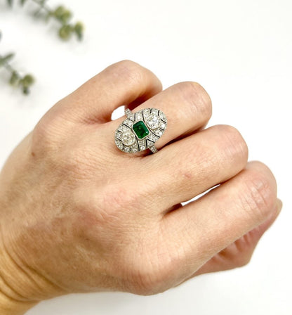 Platinum, Art Deco Style, Emerald and Diamond Oval Shield Shaped Ring