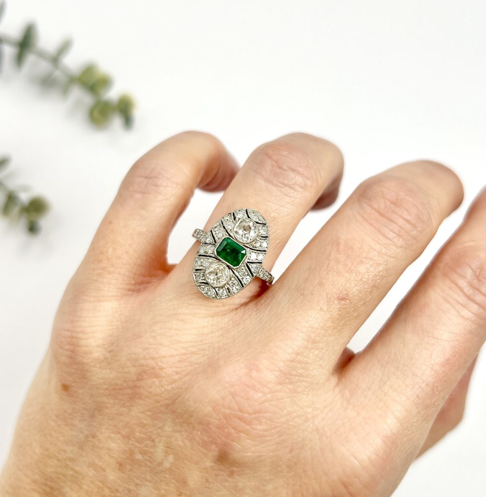 Platinum, Art Deco Style, Emerald and Diamond Oval Shield Shaped Ring