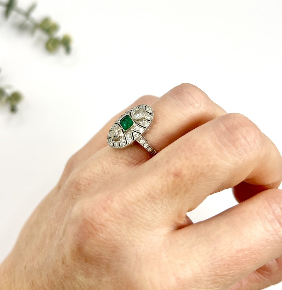 Platinum, Art Deco Style, Emerald and Diamond Oval Shield Shaped Ring
