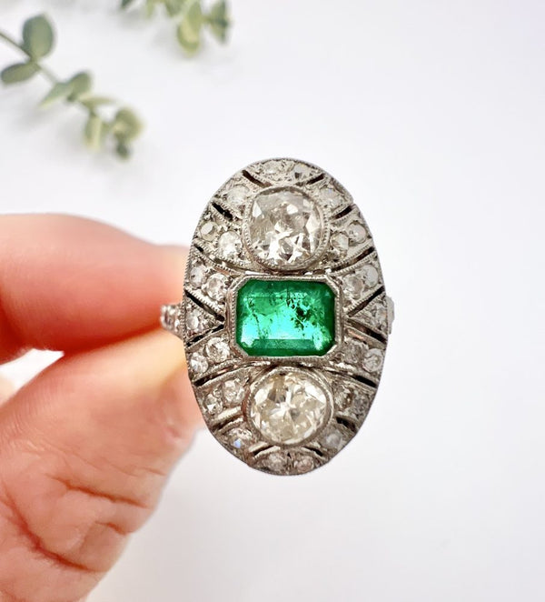 Emerald and diamond oval Deco style ring
