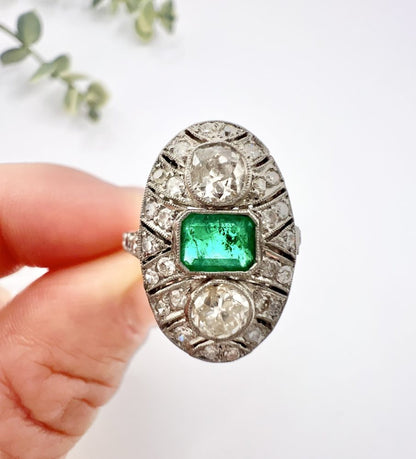 Platinum, Art Deco Style, Emerald and Diamond Oval Shield Shaped Ring
