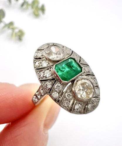 Platinum, Art Deco Style, Emerald and Diamond Oval Shield Shaped Ring