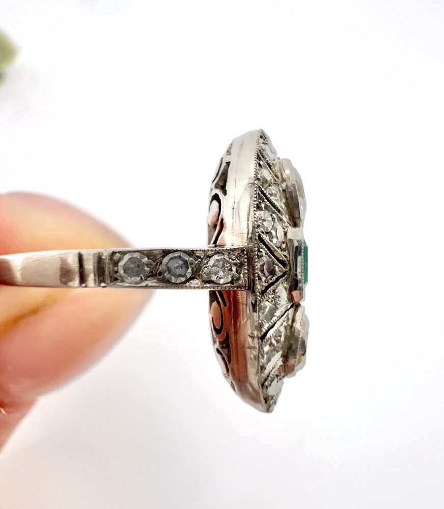 Platinum, Art Deco Style, Emerald and Diamond Oval Shield Shaped Ring