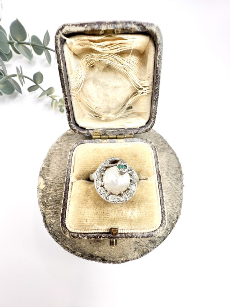 Edwardian Antique Pearl Emerald Diamond Snake Ring in Platinum