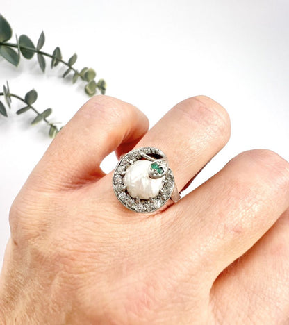 Edwardian Antique Pearl Emerald Diamond Snake Ring in Platinum