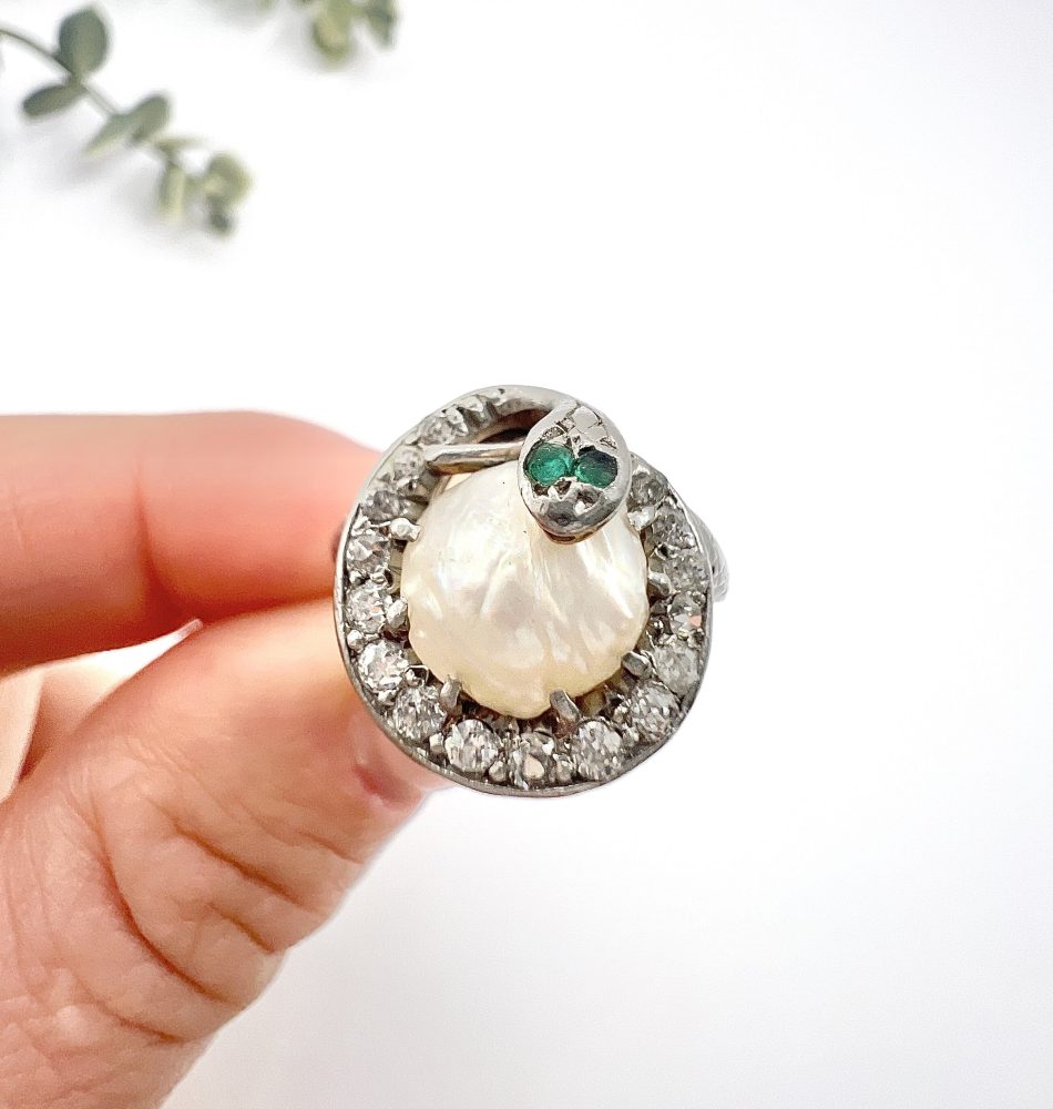 Edwardian Antique Pearl Emerald Diamond Snake Ring in Platinum